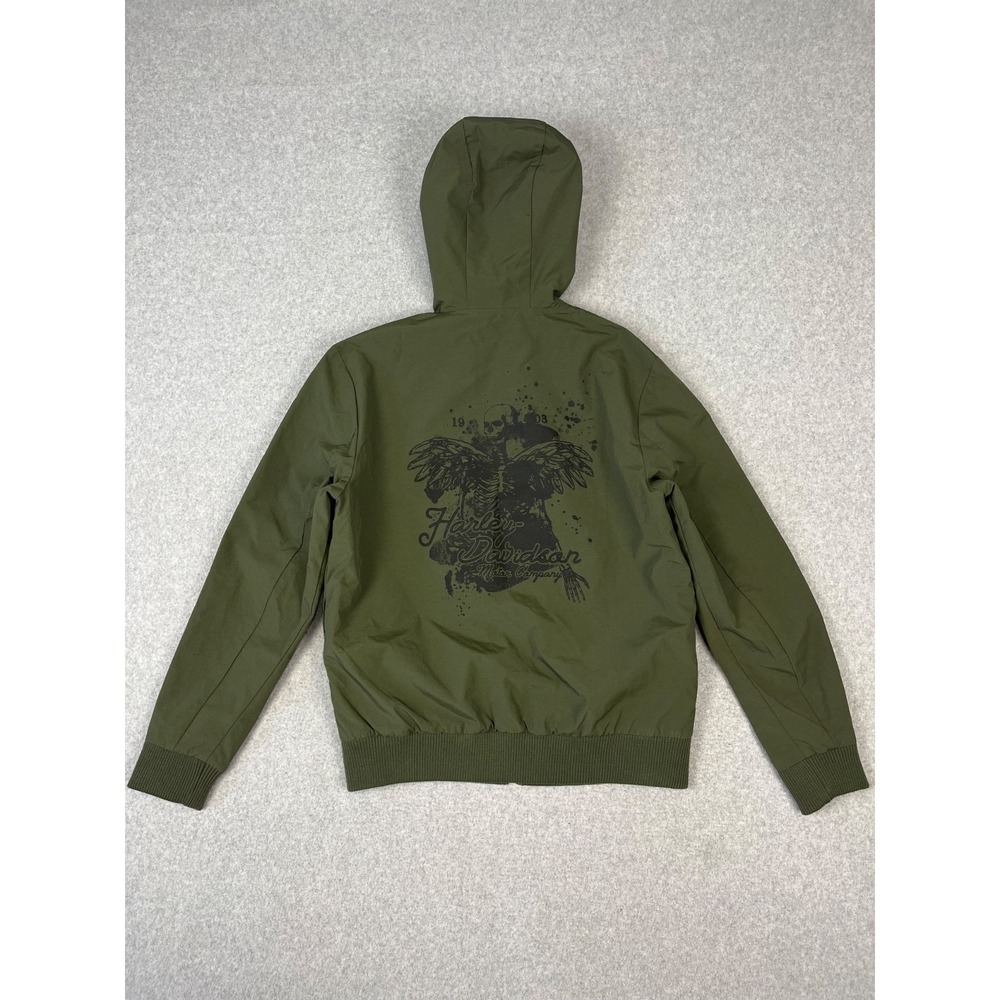 Harley Davidson Reversible Jacket Mens M Green Gray Camo Woven Hooded Full Zip